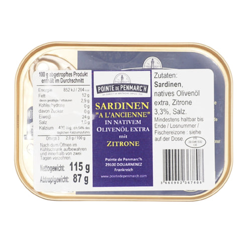 Pointe de Penmarc’h – Sardinen à l’Ancienne mit Zitrone in nativem Olivenöl extra 115g - Feinkost Stuttgart