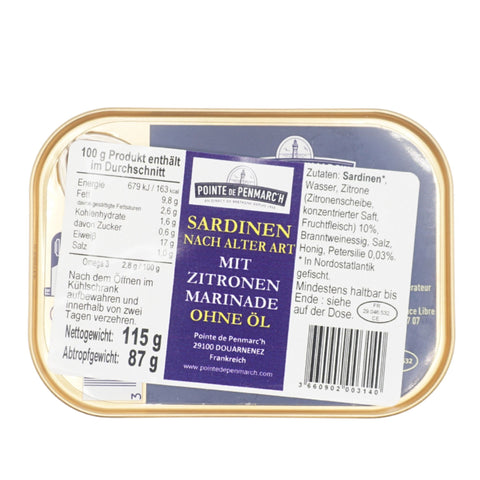 Sardinen à l’ancienne mit Zitronenmarinade ohne Öl – Pointe de Penmarc’h 115 g